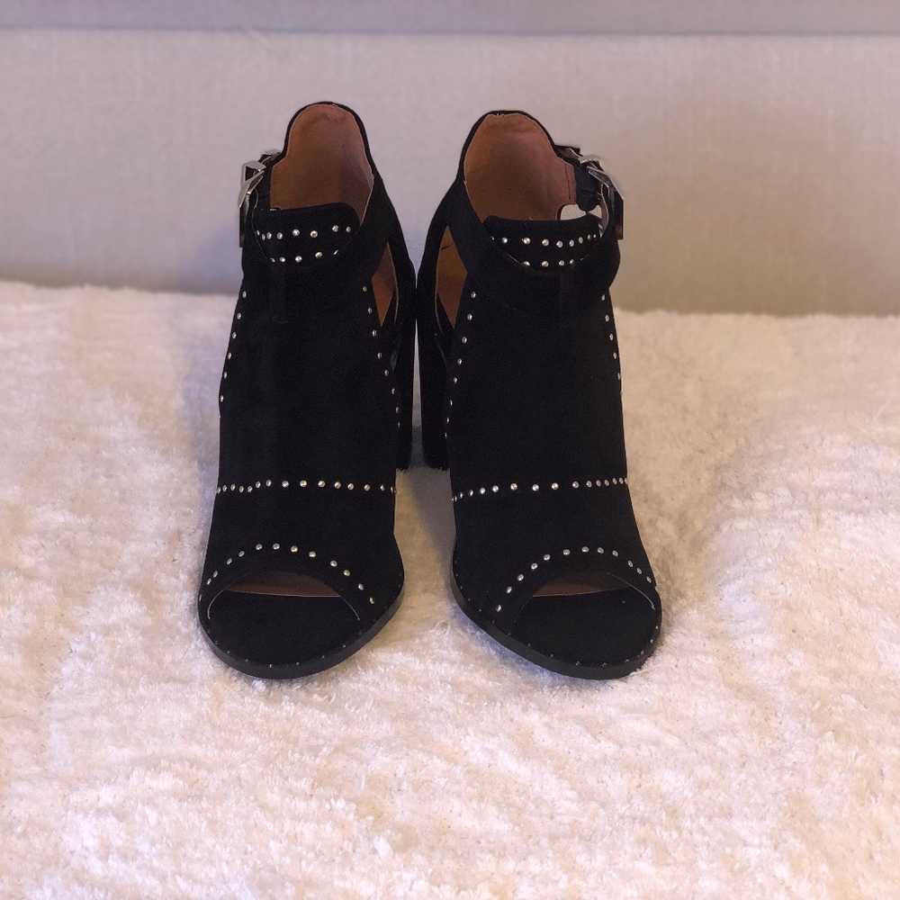 Black Studded Suede Peep Toe Booties - Picture 4 of 8